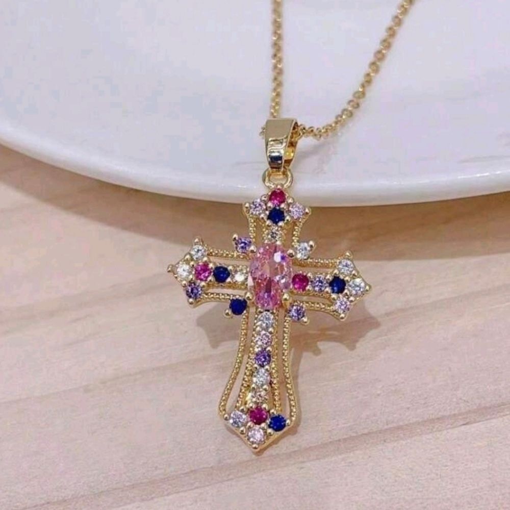 Gold Rhinestone Decor Cross Pendant Necklace